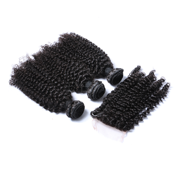 High quality hair extensions with lace closure kinky curly remy hair WJ027